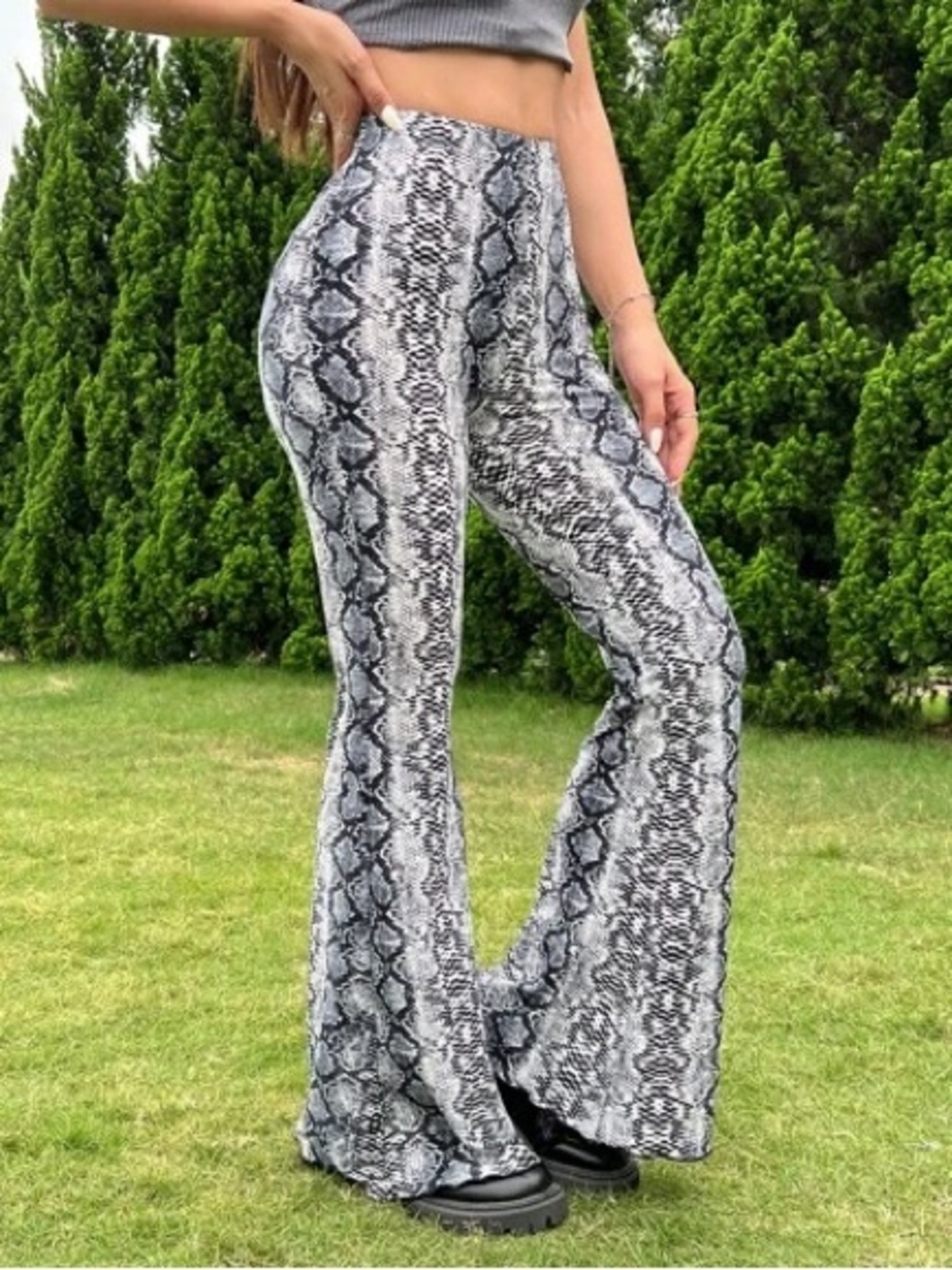 SHEIN Gray Snake Print High-Waist Flare Pants
